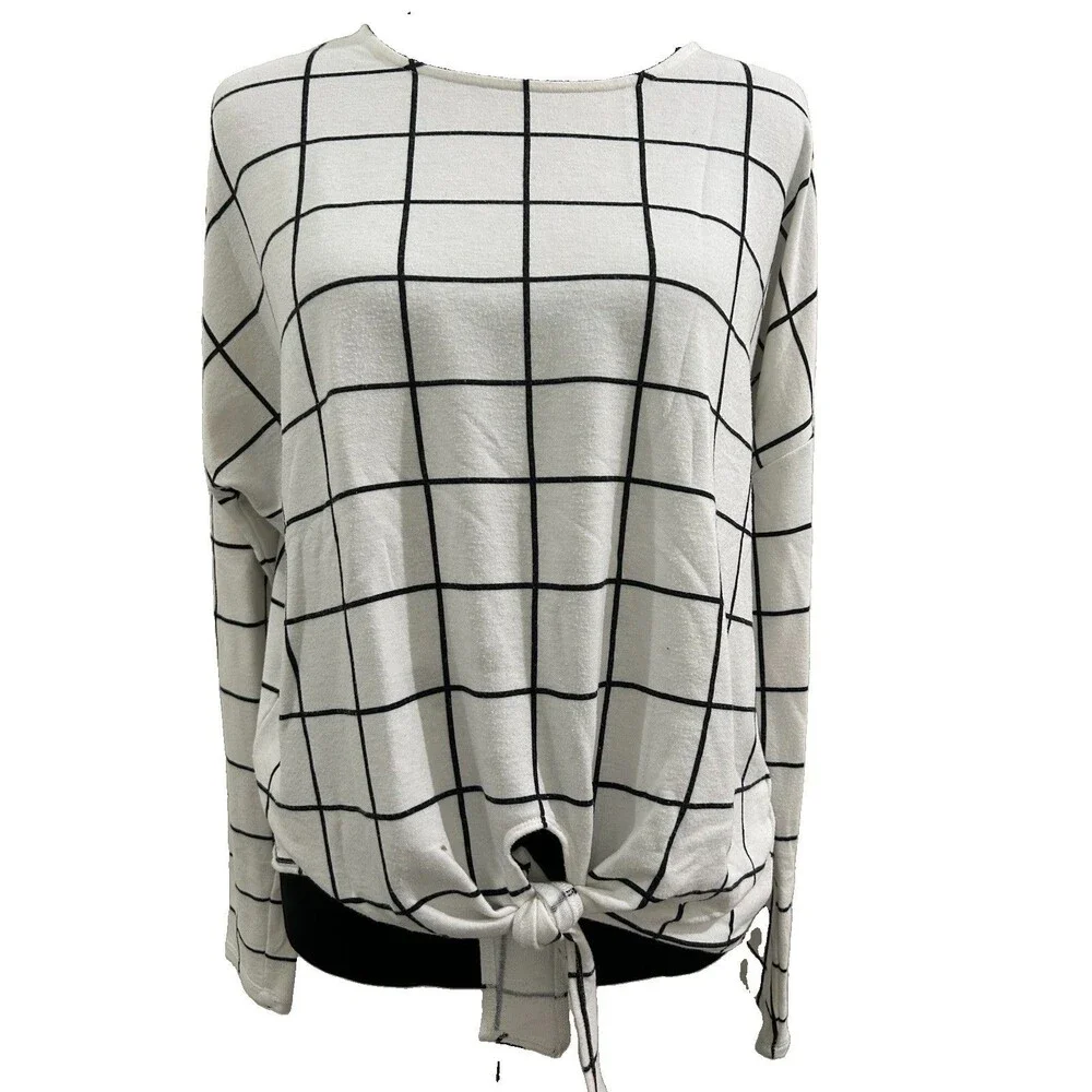 J.Crew Womens Sz L Top White With Black Grid 3/4 Sleeve Round Neck Tie Bottom